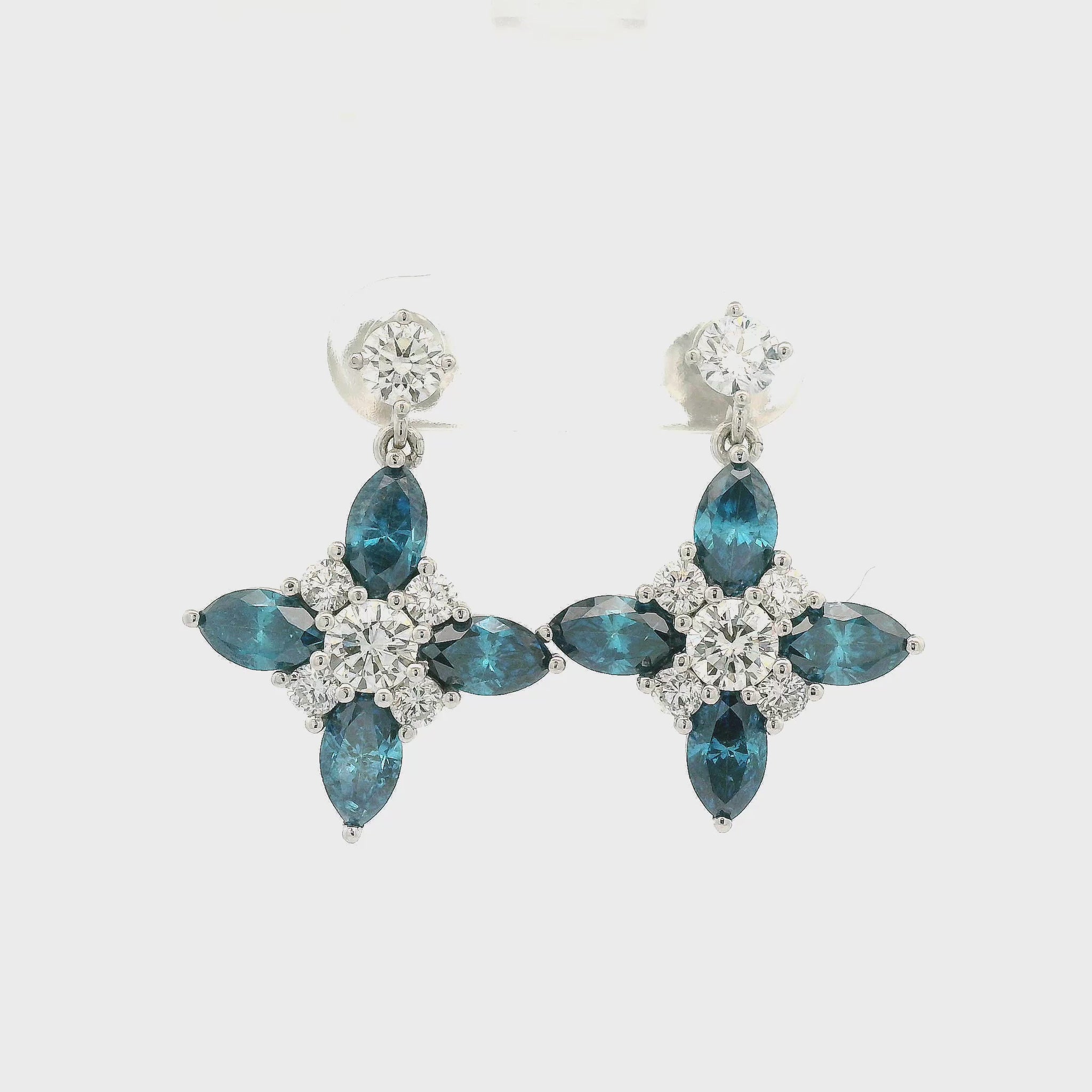 Irradiated Blue Marquise Cut Diamonds and Round Cut White Diamonds Set in White Gold Dangling From Round White Diamond Stud Earrings Forever Rox Fine Jewelry