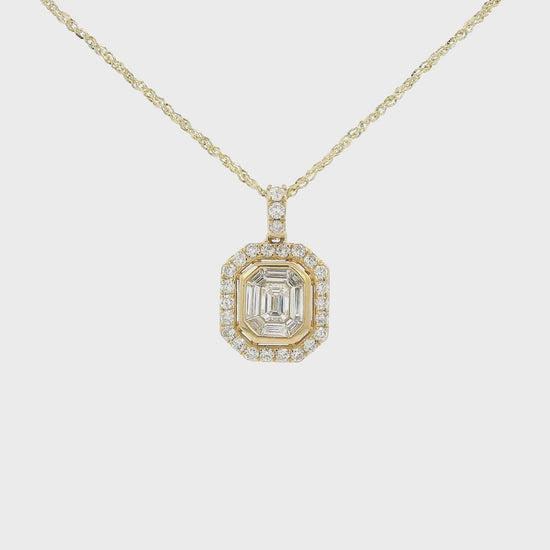 A Yellow Gold Octagon Shaped Pendant with bezel set baguette cut Diamonds in the center with a halo of round cut diamonds and round cut diamonds up the bail at Forever Rox Fine Jewelry, Lake Tahoes Best Jewelry Store
