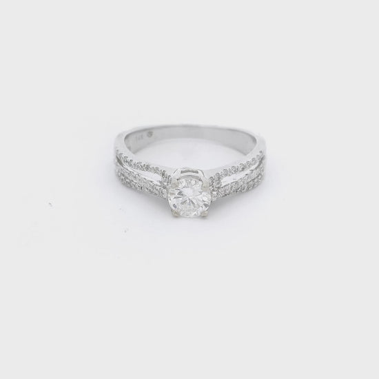 Round cut diamond set in a triple split white gold diamond setting at Forever Rox Fine Jewelry 