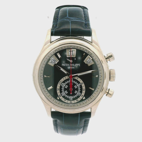 A 2017 Patek Philippe Annual Calendar Chronograph 40.5mm White Gold Blue Dial at Forever Rox Fine Jewelry, Lake Tahoes Best Jewelry Store