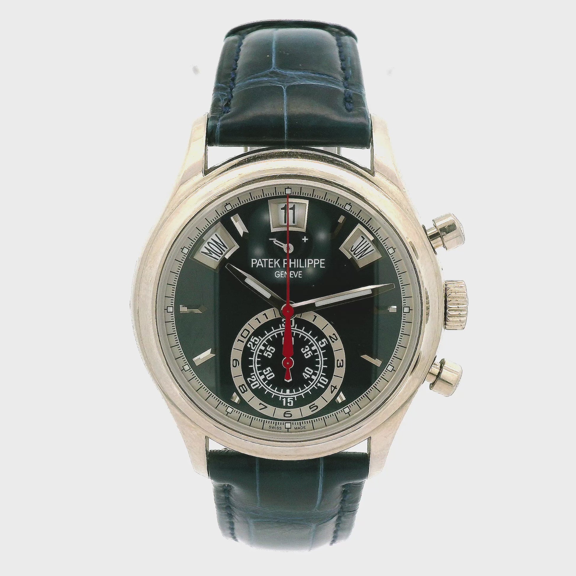 A 2017 Patek Philippe Annual Calendar Chronograph 40.5mm White Gold Blue Dial at Forever Rox Fine Jewelry, Lake Tahoes Best Jewelry Store