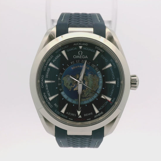This is a 2022 Omega Seamaster Aqua Terra 150M Worldtimer 43MM Blue Dial Rubber Strap at Forever Rox Fine Jewelry, Lake Tahoes Best Jewelry Store
