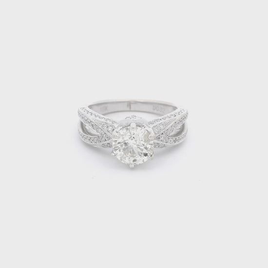 White Gold ring with one center set round cut diamond and diamond accents down the split shank at Forever Rox Fine Jewelry