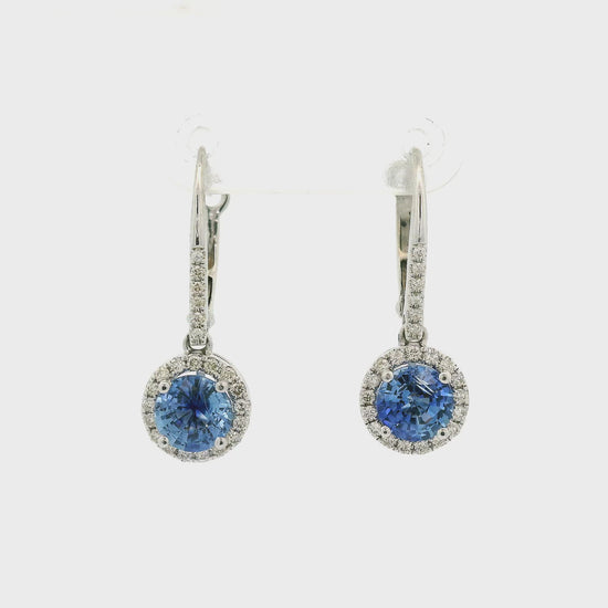 A Pair of Round Blue Ceylon Sapphires Set in White Gold Diamond Dangle Earrings at Forever Rox Fine Jewelry