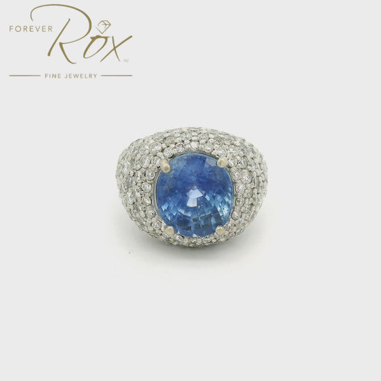 Oval Cut Light Blue Ceylonesse Sapphire set in white gold ring with pavé set diamonds at Forever Rox Fine Jewelry 