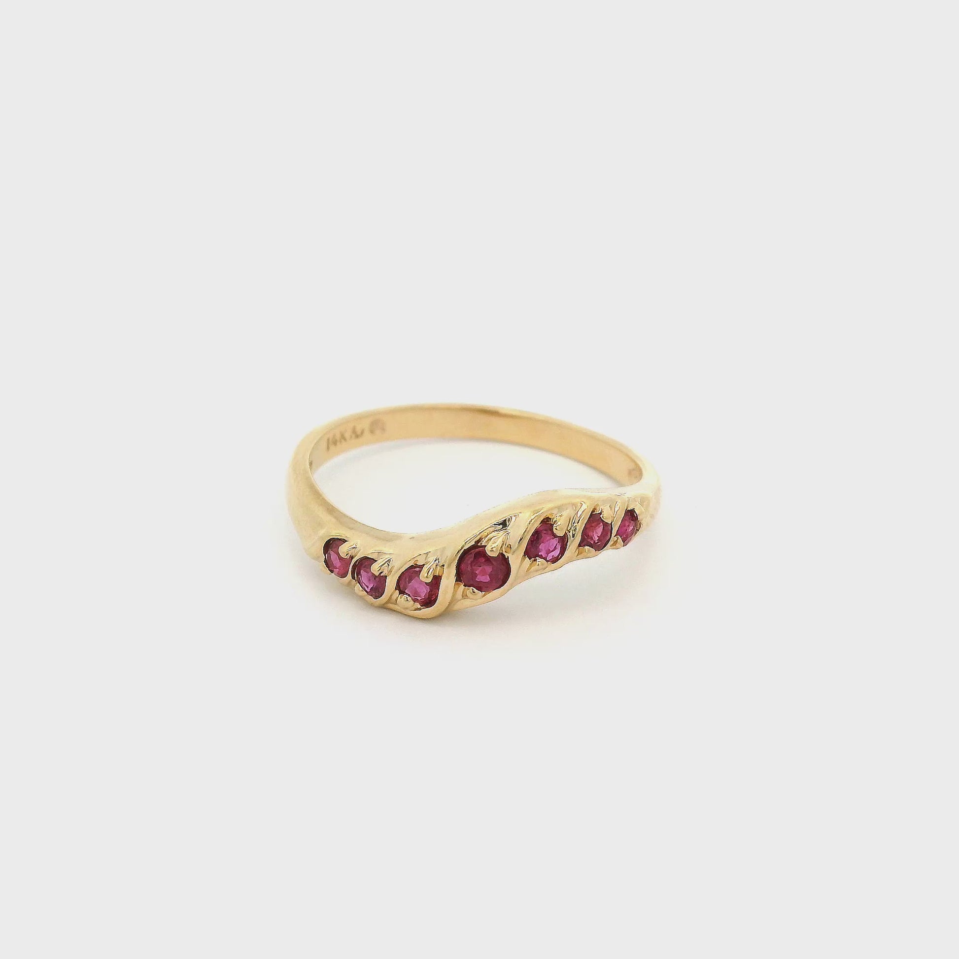 Yellow Gold Curved Stackable Band with seven rubies at Forever Rox Fine Jewelry