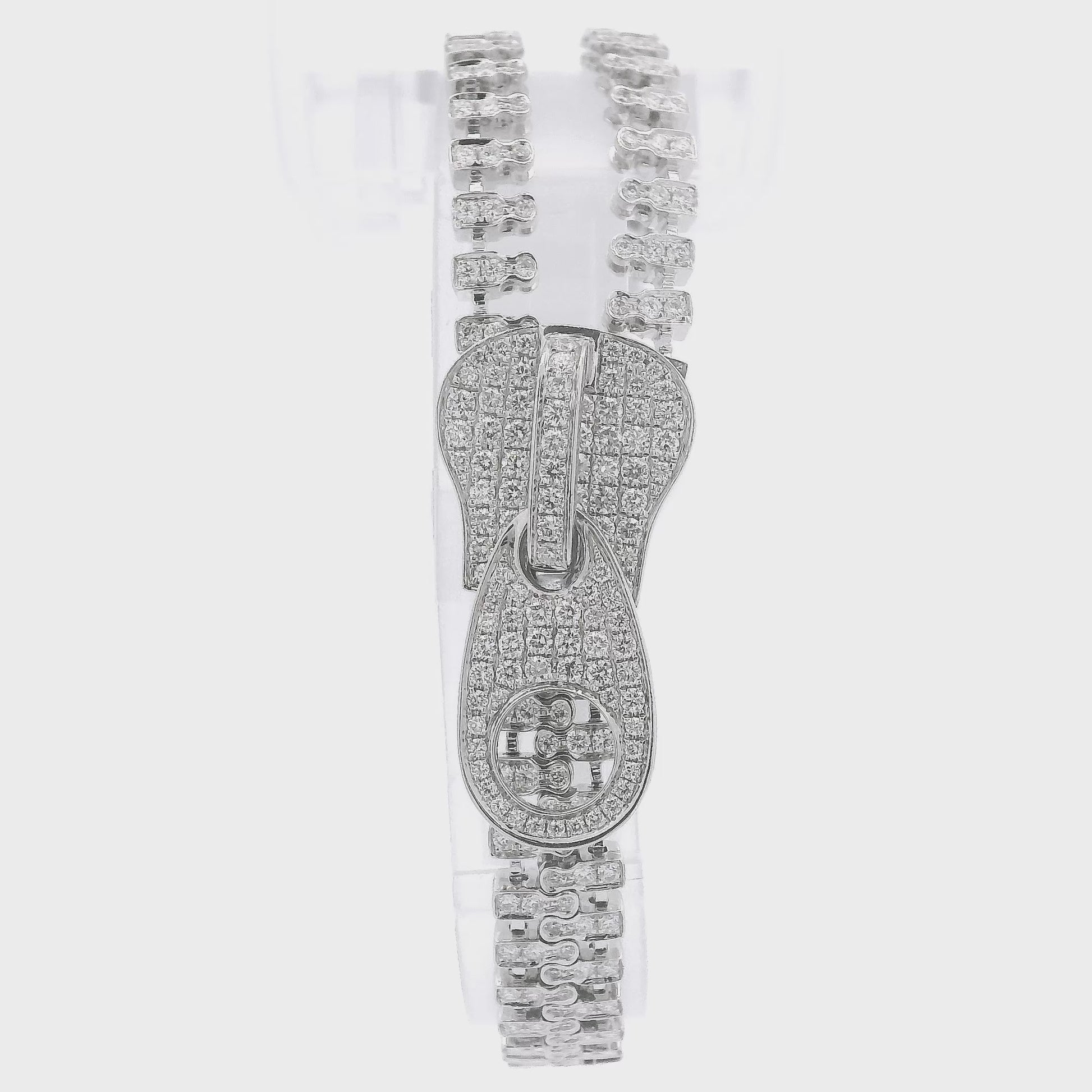 18k White Gold Diamond Zipper Bracelet that can zip and unzip and has pave set diamonds