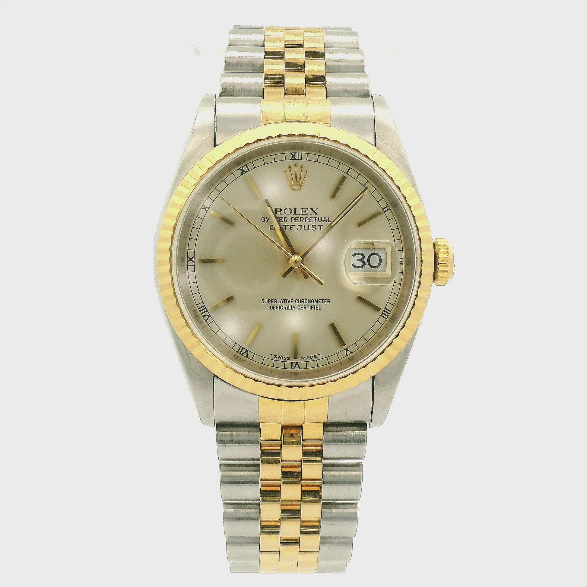 Rolex Datejust wristwatch with a two-tone stainless steel and yellow gold Jubilee bracelet, featuring a patinaed champagne dial and fluted bezel at Forever Rox Fine Jewelry, Lake Tahoes Best Jewelry Store