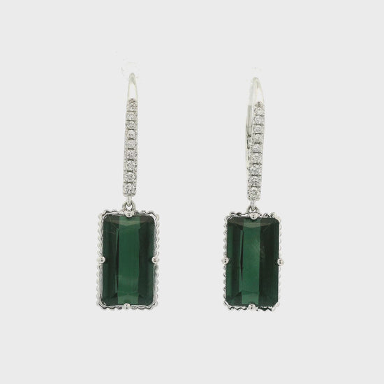 A Pair of White Gold Dangles with prong set emerald cut green Tourmalines in the center with diamond hoops at Forever Rox Fine Jewelry, Lake Tahoes Best Jewelry Store