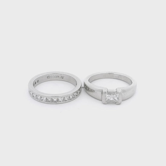 White Gold tension set princess cut diamond bridal ring with matching matching princess cut diamond wedding band at Forever Rox Fine Jewelry