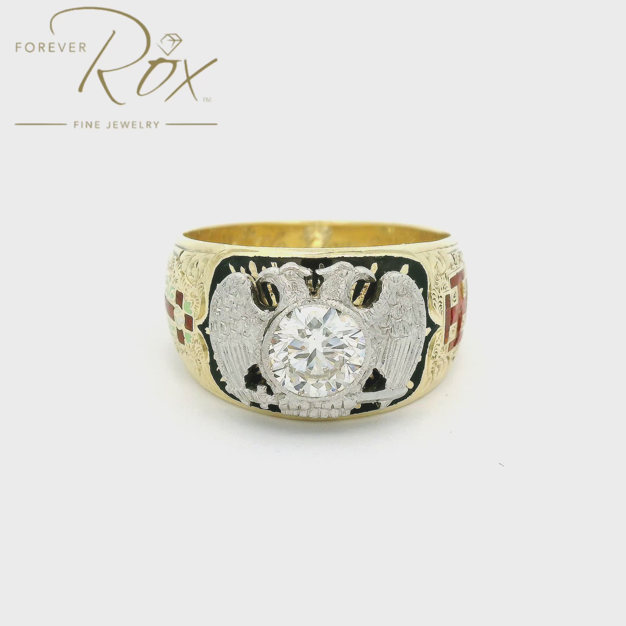 32nd Degree Masonic Ring with two eagles and enamel sybols all down each side with a hand carved interior at Forever Rox Fine Jewelry