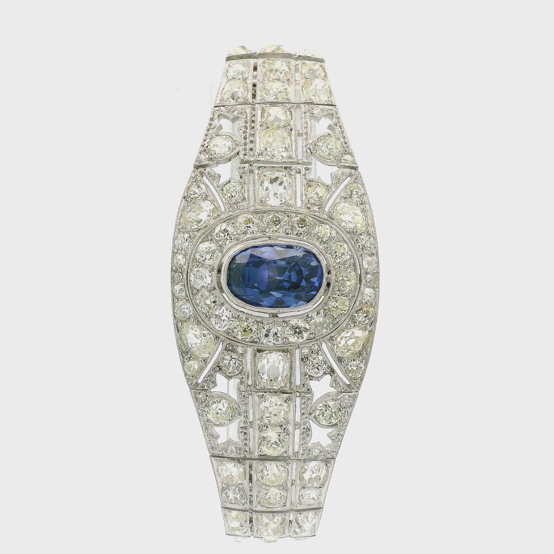 Art Deco Bracelet with Mine Cut Diamonds and a Blue Sapphire Set in The Center at Forever Rox Fine Jewelry