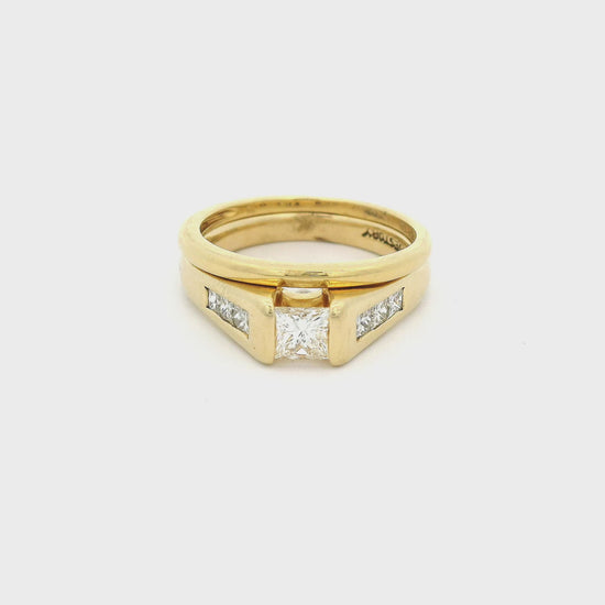 Gold ring with a central princess cut diamond and orincess cut diamonds channel set and a matching gold band at Forever Rox Fine Jewelry