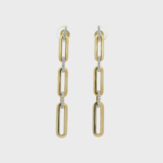 A Pair of Yellow Gold Earrings with paperclip Diamond links dangling at Forever Rox Fine Jewelry, Lake Tahoes Best Jewelry Store