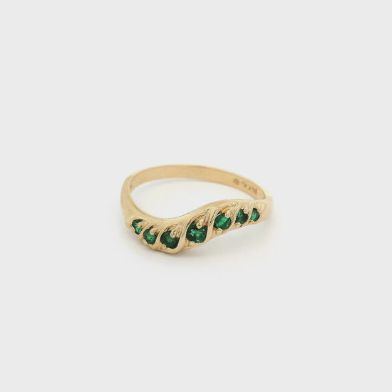 Yellow Gold Curved Stackable Band with seven emeralds at Forever Rox Fine Jewelry
