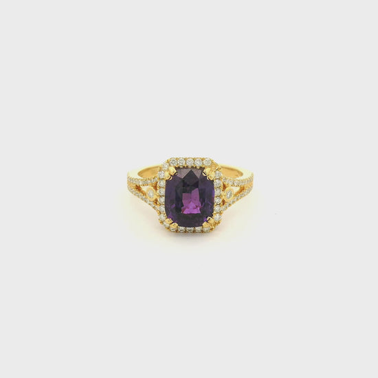 A Yellow Gold Ring with a prong set cushion cut NO Heat natural Purple Sapphire in the center with diamond accents at Forever Rox Fine Jewelry, Lake Tahoes Best Jewelry Store
