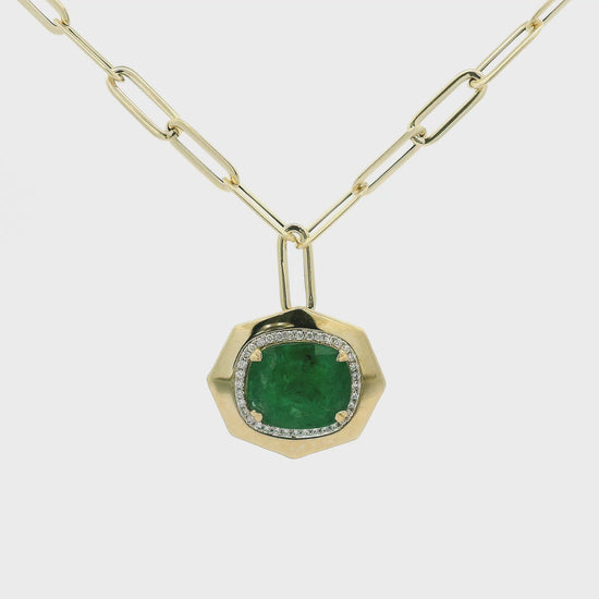 A Yellow Gold Paperclip Necklace with A Yellow Gold Pendant with a prong set cushion cut natural Emerald in the center & diamonds around it at Forever Rox Fine Jewelry, Lake Tahoes Best Jewelry Store