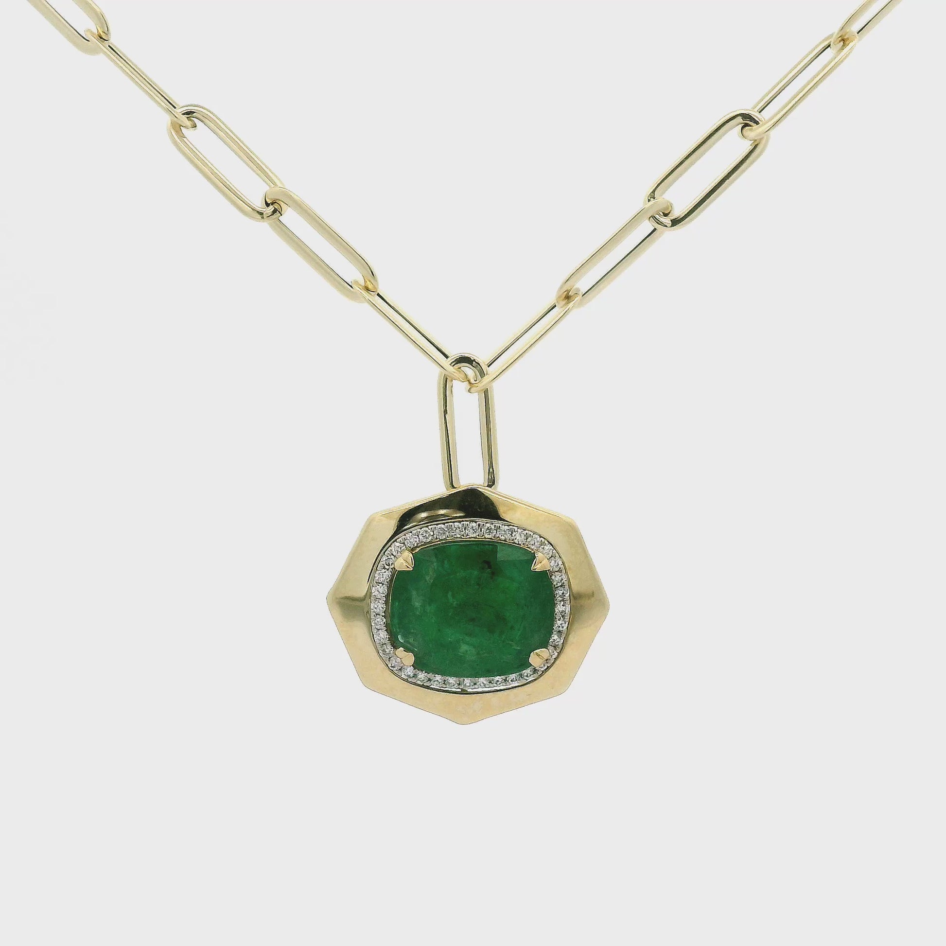 A Yellow Gold Paperclip Necklace with A Yellow Gold Pendant with a prong set cushion cut natural Emerald in the center & diamonds around it at Forever Rox Fine Jewelry, Lake Tahoes Best Jewelry Store