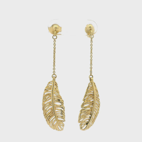 Yellow Gold Feathers Dangling From Ball Studs with a Chain at Forever Rox Fine Jewelry 