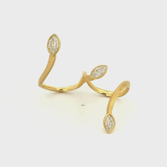 A Yellow Gold Double Finger Ring with three bezel set marquise cut natural Diamonds at Forever Rox Fine Jewelry, Lake Tahoes Best Jewelry Store