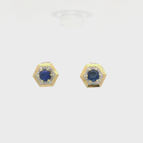 A Pair of Yellow Gold Hexagon Studs with prong set round cut natural Sapphires in the center a diamond halo at Forever Rox Fine Jewelry, Lake Tahoes Best Jewelry Store