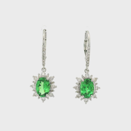 A Pair of White Gold & Diamond Dangles Earrings with Oval Cut Green Tsavorites at Forever Rox Fine Jewelry