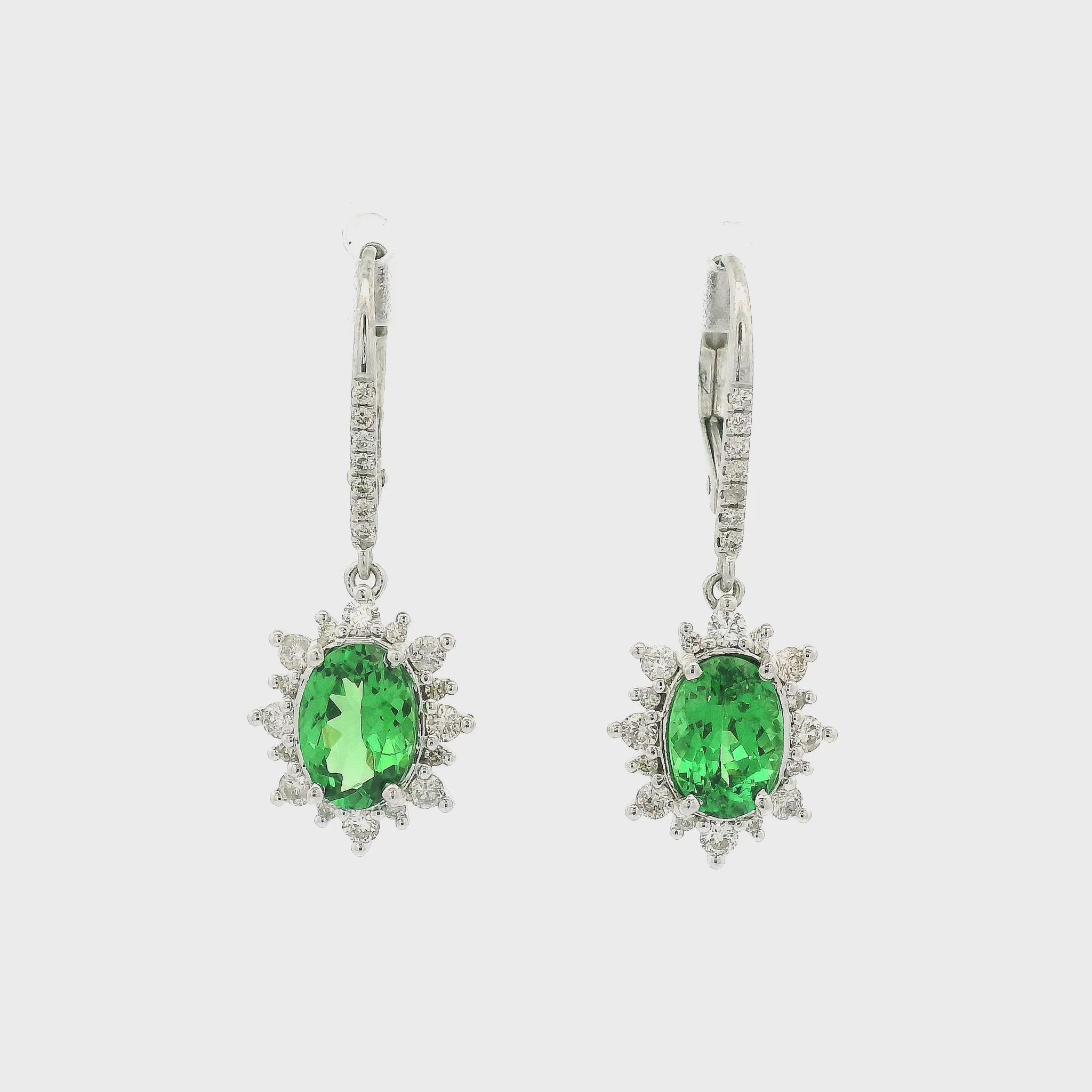 A Pair of White Gold & Diamond Dangles Earrings with Oval Cut Green Tsavorites at Forever Rox Fine Jewelry