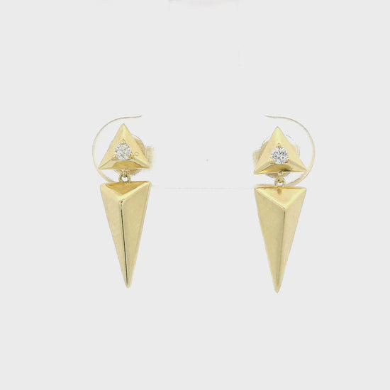 A Pair of Yellow Gold Triangle Studs with a spike dangling down and a diamond set in the triangle at Forever Rox Fine Jewelry, Lake Tahoes Best Jewelry Store