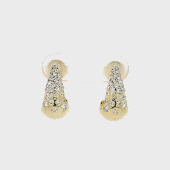 A Pair of Yellow Gold Teardrop Half J Hoops with flush set scattered natural Diammonds at Forever Rox Fine Jewelry, Lake Tahoes Best Jewelry Store