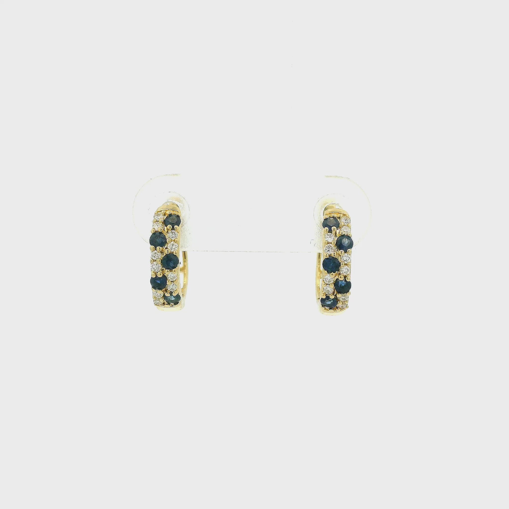 A Pair of Yellow Hoop Gold Earrings with natural Sapphires & Diamonds at Forever Rox Fine Jewelry, Lake Tahoes Best Jewelry Store