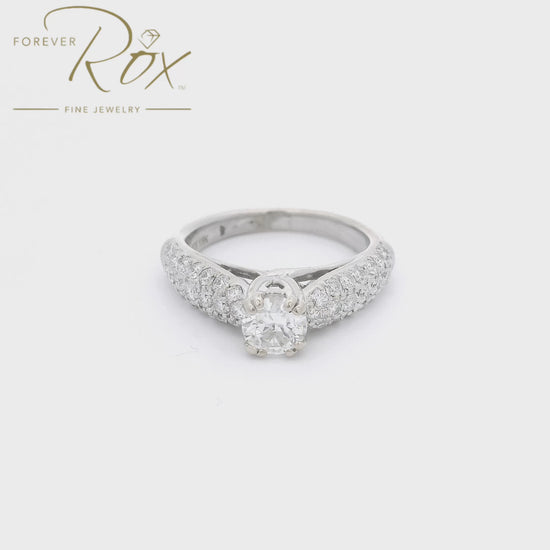 A White Gold Bridal Wedding Ring with a prong set European cut Diamond in the center with pavé set Diamonds covering the shank at Forever Rox Fine Jewelry, Lake Tahoes Best Jewelry Store