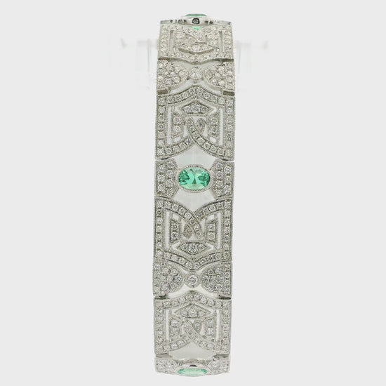 A White Gold Vintage Bracelet with bezel set oval cut natural Emeralds & natural diamonds at Forever Rox Fine Jewelry, Lake Tahoes Best Jewelry Store