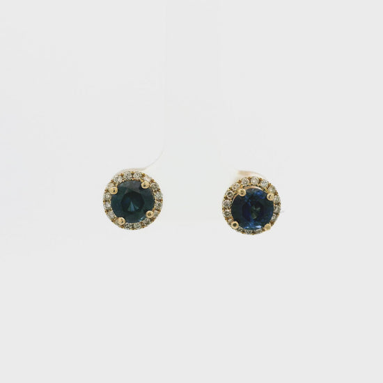 A Pair of Yellow Gold Studs with prong set round cut natural Sapphires in the center with a diamond halo at Forever Rox Fine Jewelry, Lake Tahoes Best Jewelry Store