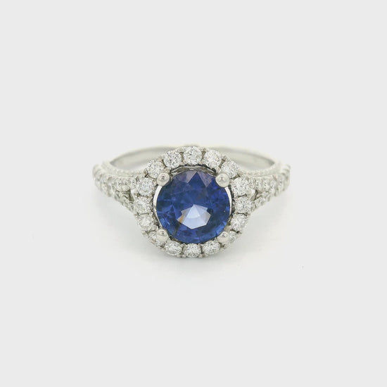 White Gold Ring with Blue Round Cut Sapphire & Diamonds with a Filigree Design at Forever Rox Fine Jewelry