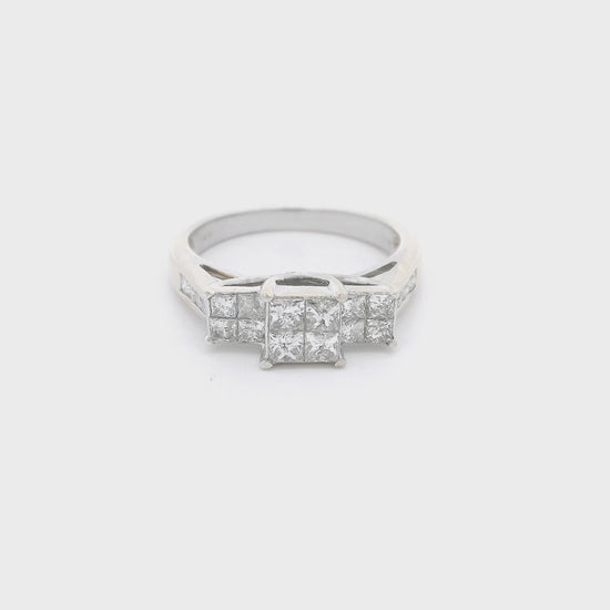 Diamond Ring with three heads, each head has four invisible set princess cut diamonds and eight channel set round cut diamonds in shank at Forever Rox Fine Jewelry 