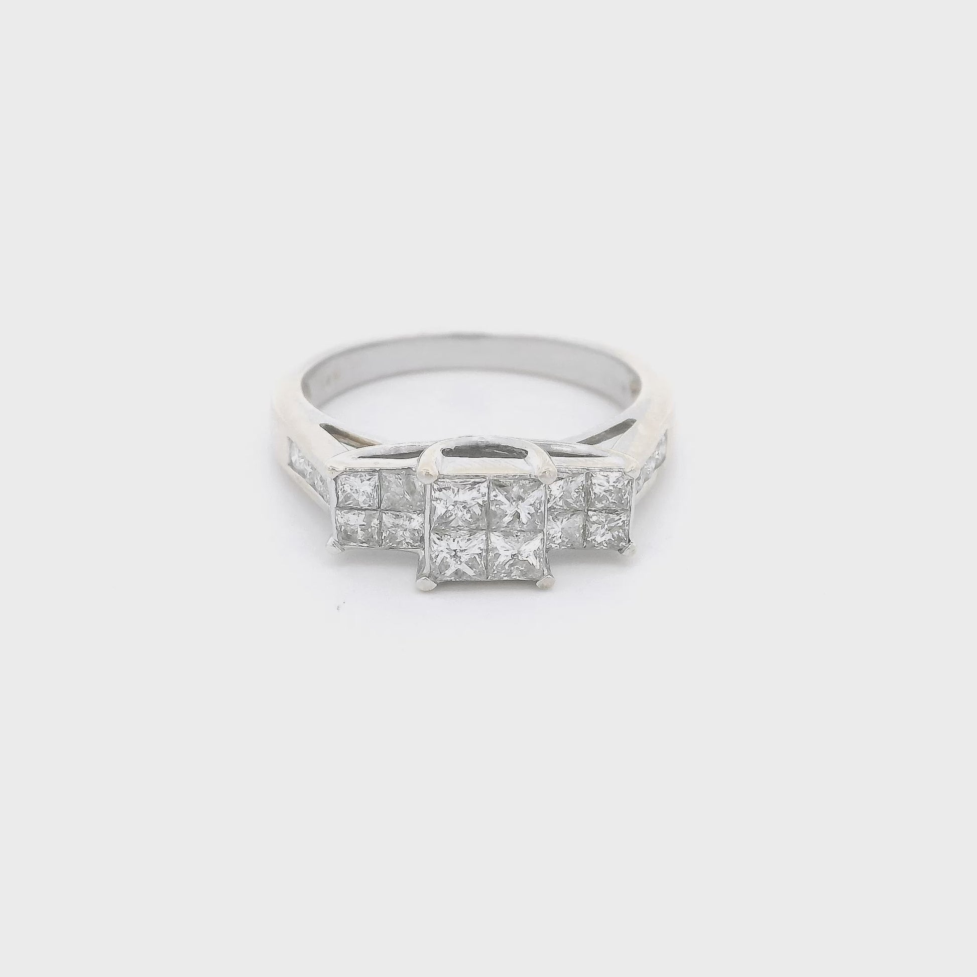 Diamond Ring with three heads, each head has four invisible set princess cut diamonds and eight channel set round cut diamonds in shank at Forever Rox Fine Jewelry 