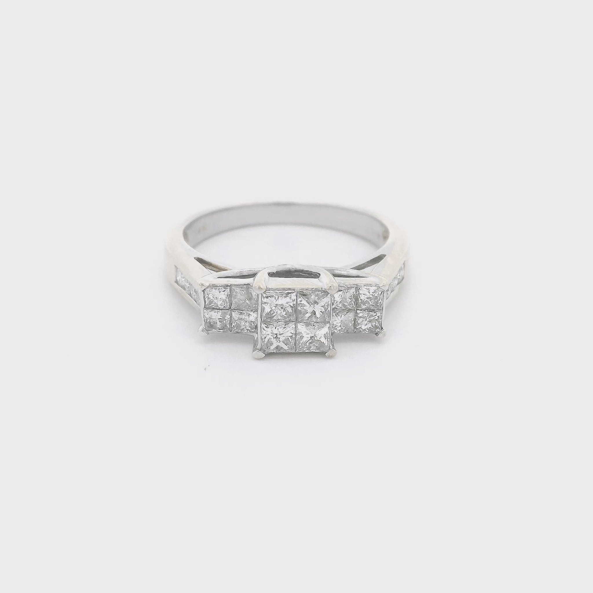 Diamond Ring with three heads, each head has four invisible set princess cut diamonds and eight channel set round cut diamonds in shank at Forever Rox Fine Jewelry 