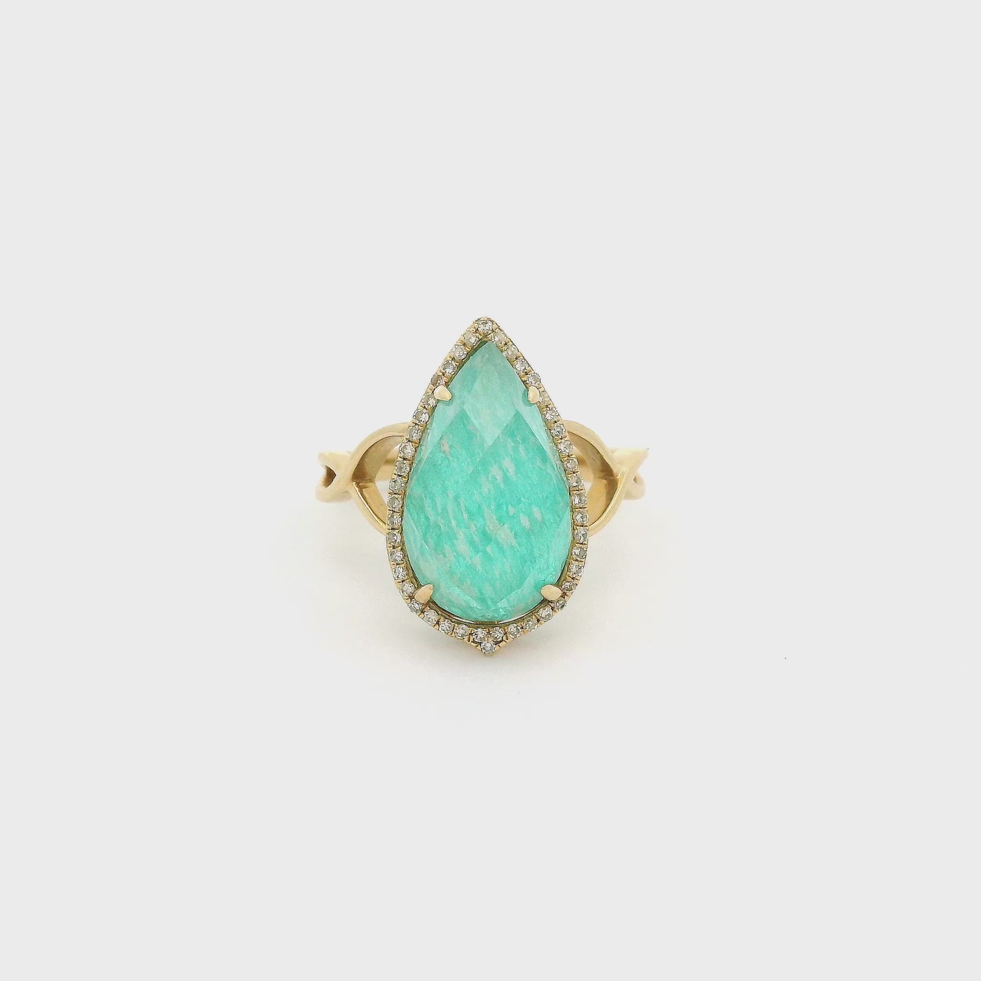 A Yellow Gold Ring with a prong set pear cut natural Quartz, Amazonite Doublet in the center with a halo of diamonds at Forever Rox Fine Jewelry, Lake Tahoes Best Jewelry Store
