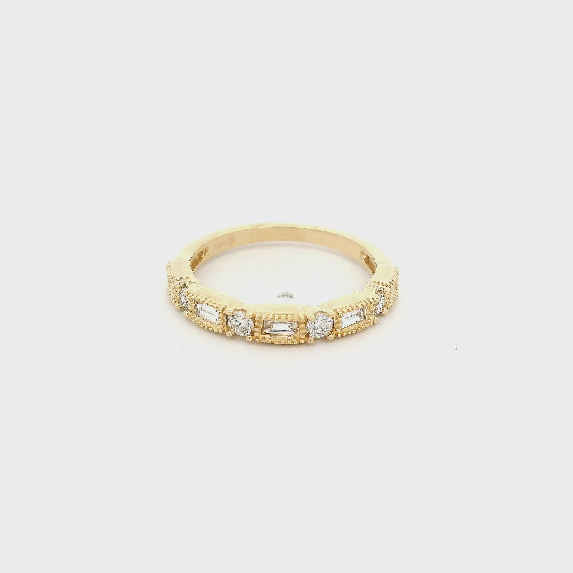 Yellow Gold Wedding Band with alternating baguette and round cut diamonds set in milgrain bezels at Forever Rox Fine Jewlery