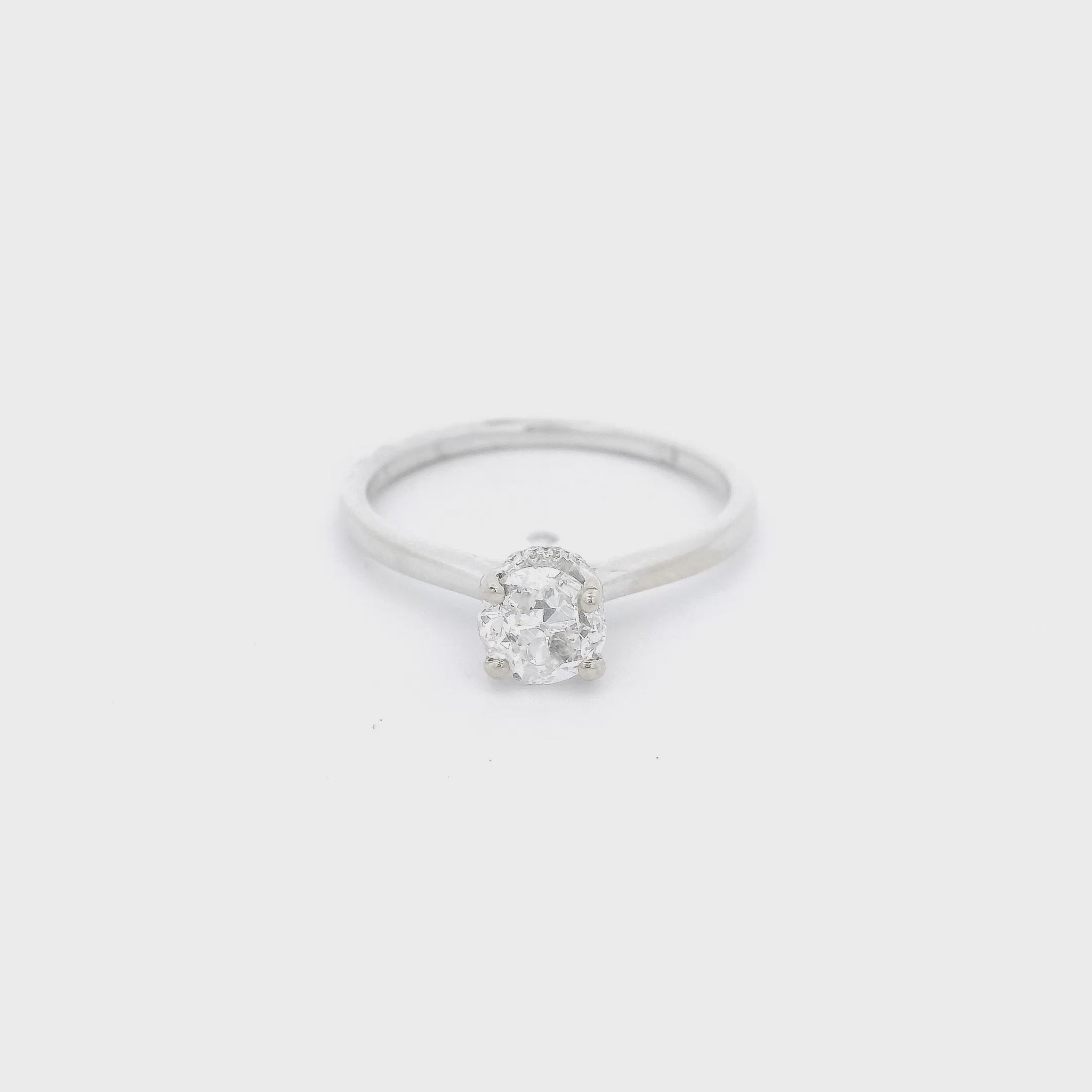 White gold ring with a solitaire set diaond and diamonds around head at Forever Rox Fine Jewelry