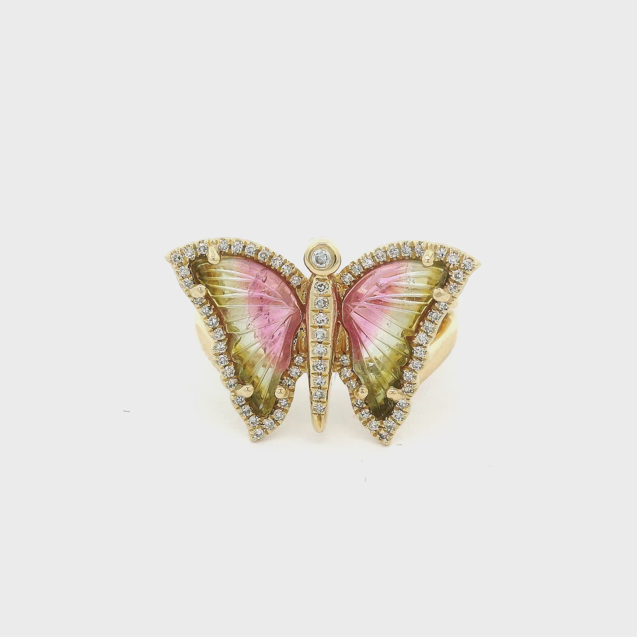 Watermelon Tourmaline Wings set in a 14k Yellow Gold & Diamond Butterfly Shaped Ring at Forever Rox Fine Jewelry