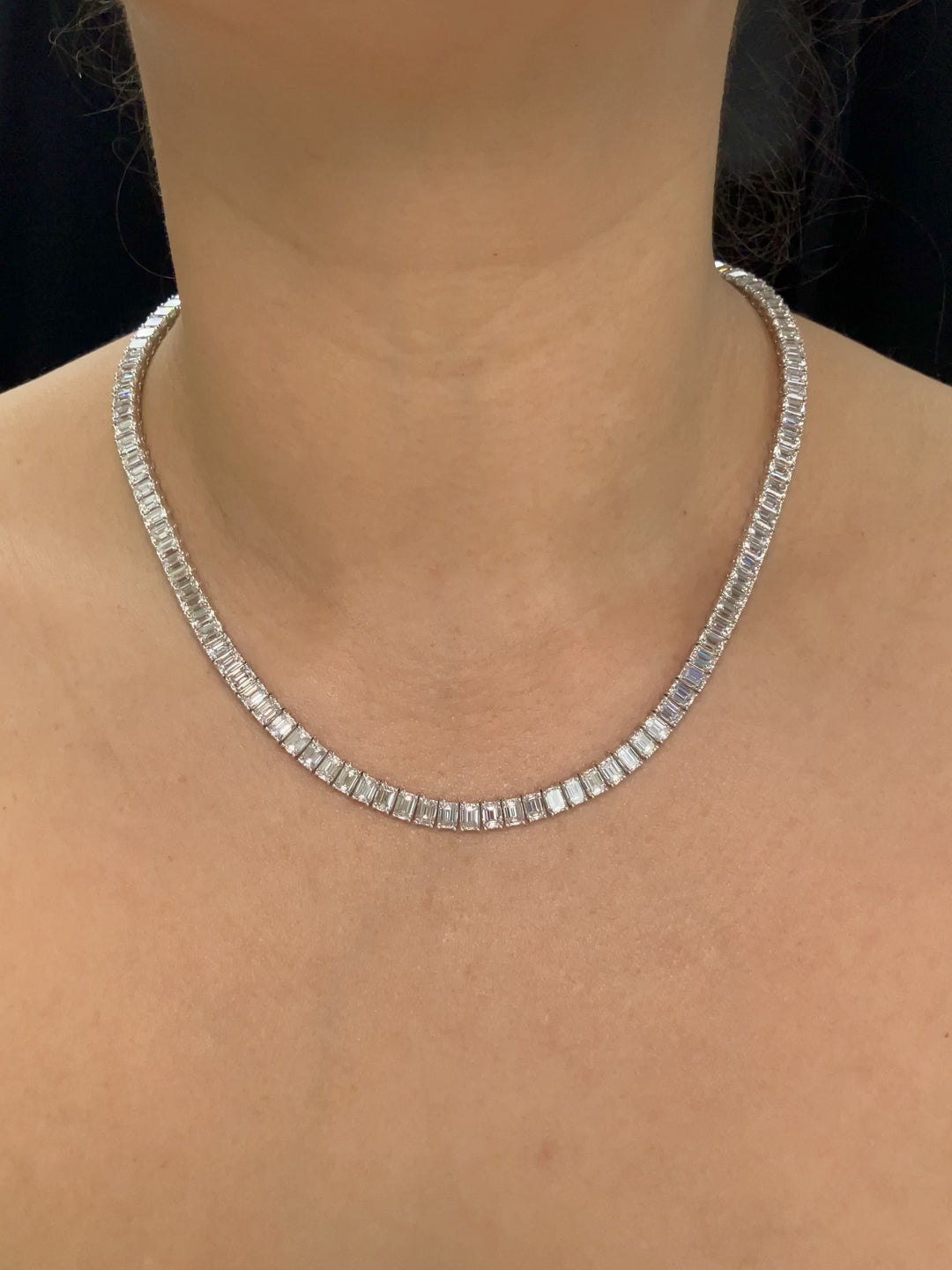 A White Gold Diamond Tennis Necklace with 122 Emerald Cut Diamonds at Forever Rox Fine Jewelry, Lake Tahoes Best Jewelry Store