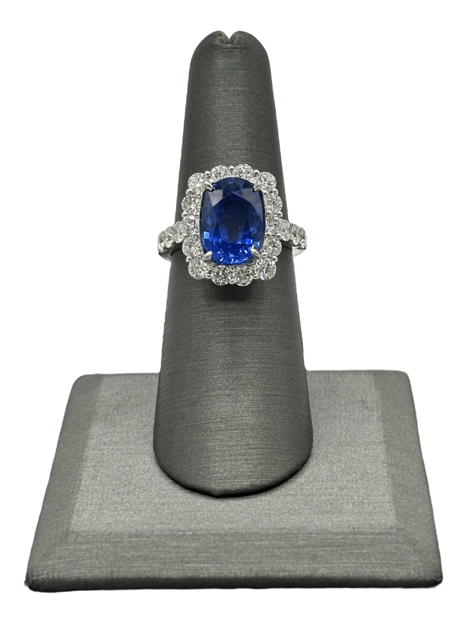 Rectangular Cushion Cut Ceylon Sapphire Ring With Diamond Halo & Diamonds Down Shank - Forever Rox