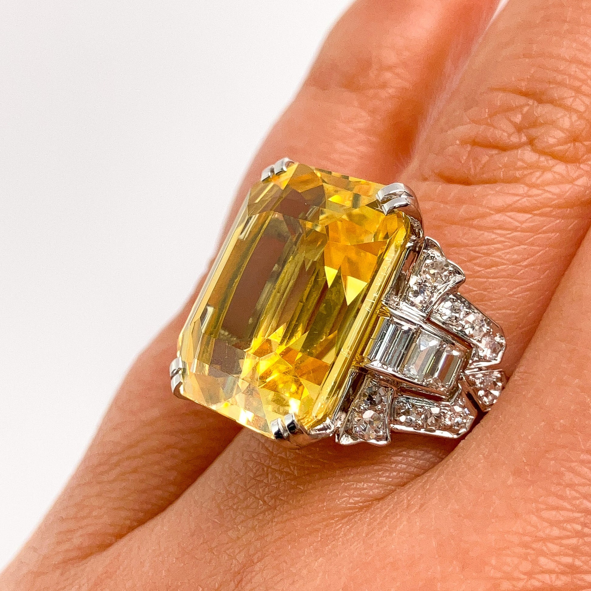 Retro 21.31ct GIA Certified No Heat Yellow Sapphire & Diamond Ring, Platinum - Forever Rox