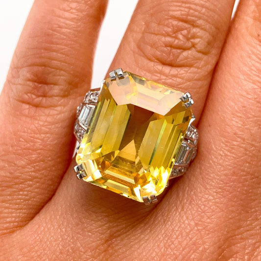 Retro 21.31ct GIA Certified No Heat Yellow Sapphire & Diamond Ring, Platinum - Forever Rox
