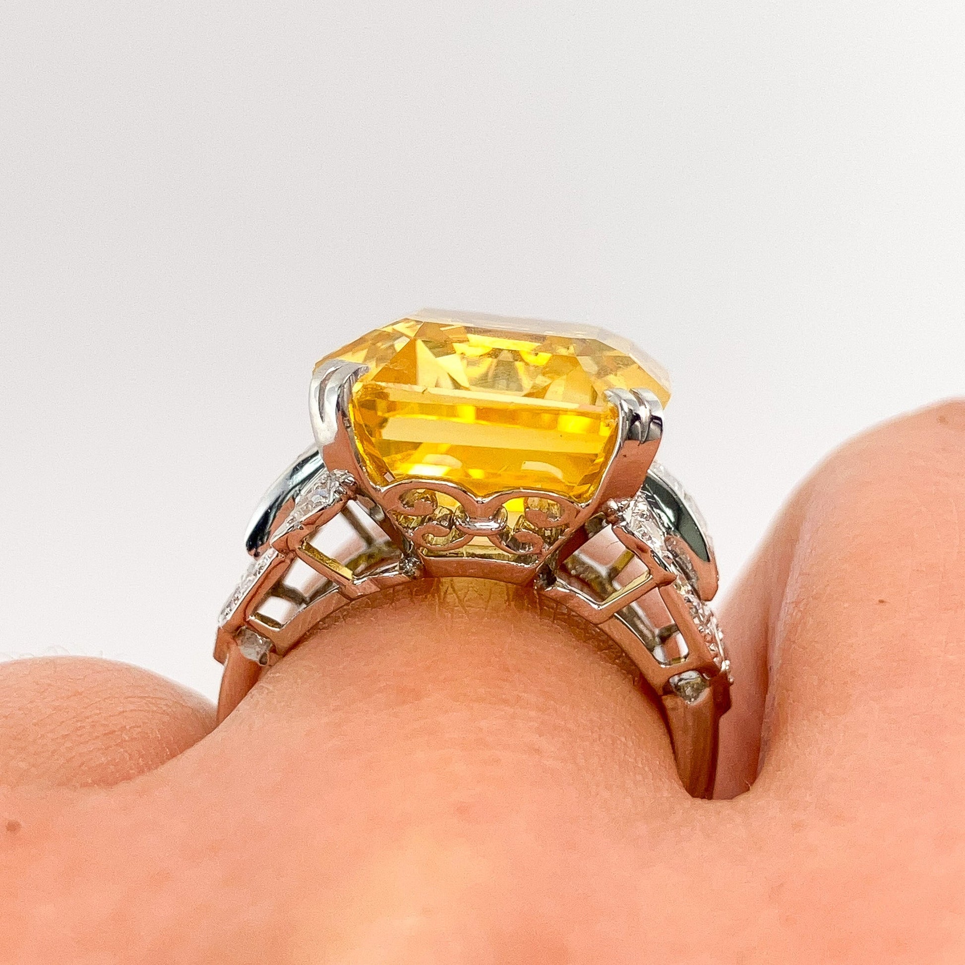 Retro 21.31ct GIA Certified No Heat Yellow Sapphire & Diamond Ring, Platinum - Forever Rox