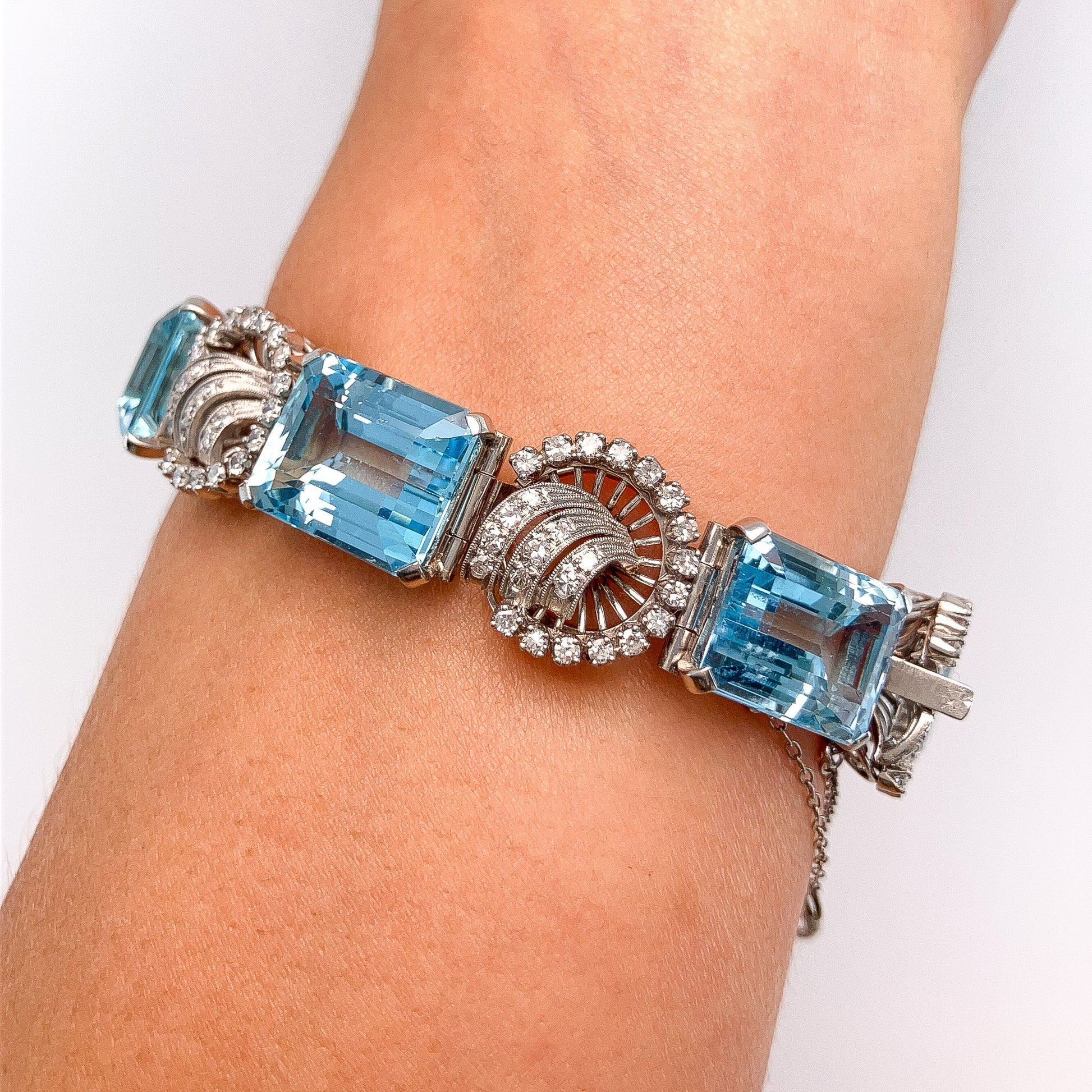 Retro Aquamarine & Diamond Bracelet, Platinum - Forever Rox Fine Jewelry
