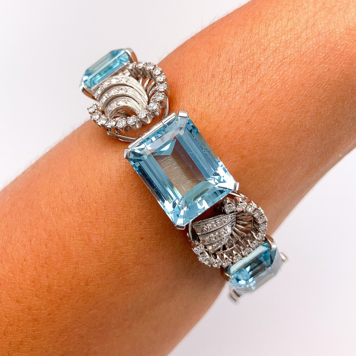 Retro Aquamarine & Diamond Bracelet, Platinum - Forever Rox Fine Jewelry