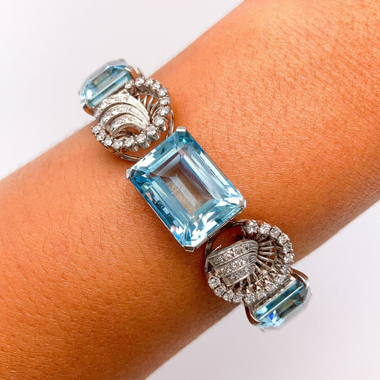 Retro Aquamarine & Diamond Bracelet, Platinum - Forever Rox Fine Jewelry
