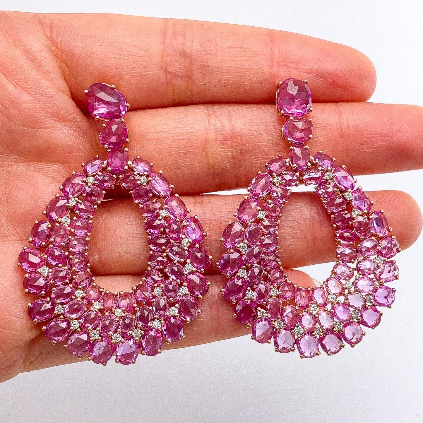 Rose Cut Pink Sapphire & Diamond Cluster Earrings, 18k - Forever Rox Fine Jewelry